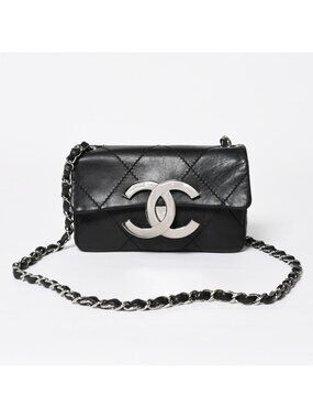 Chanel Wild Stitch Mini Chain Shoulder Bag CC Logo Lambskin Black Silver